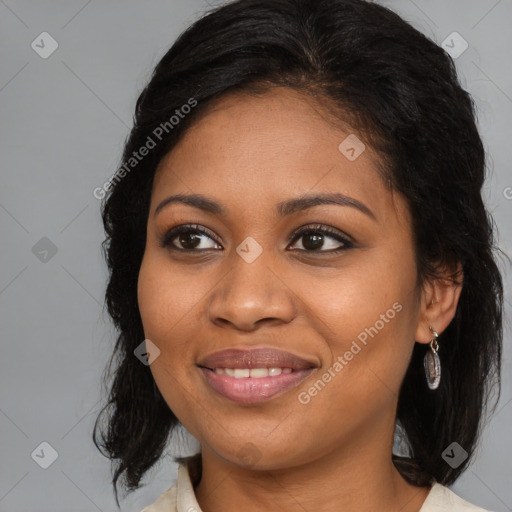 Joyful black young-adult female with medium  brown hair and brown eyes