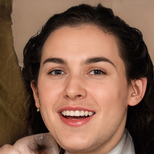 Joyful white young-adult male with medium  brown hair and brown eyes