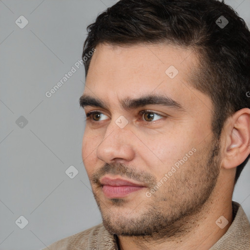 Neutral white young-adult male with short  brown hair and brown eyes