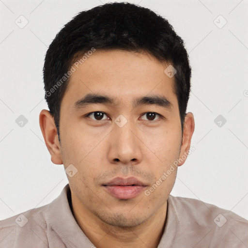 Neutral asian young-adult male with short  black hair and brown eyes