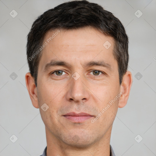 Neutral white adult male with short  brown hair and brown eyes