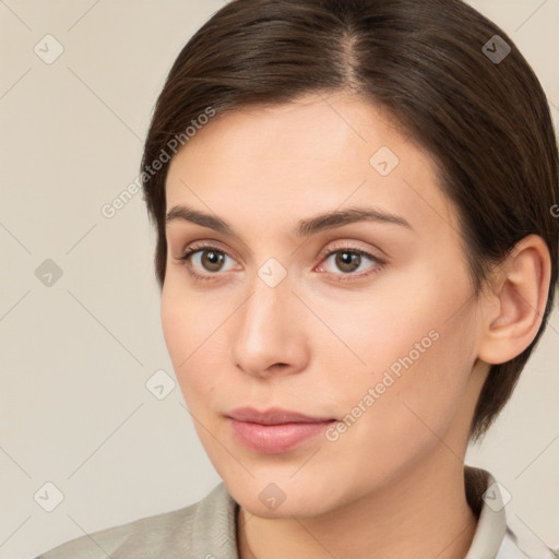 Neutral white young-adult female with medium  brown hair and brown eyes