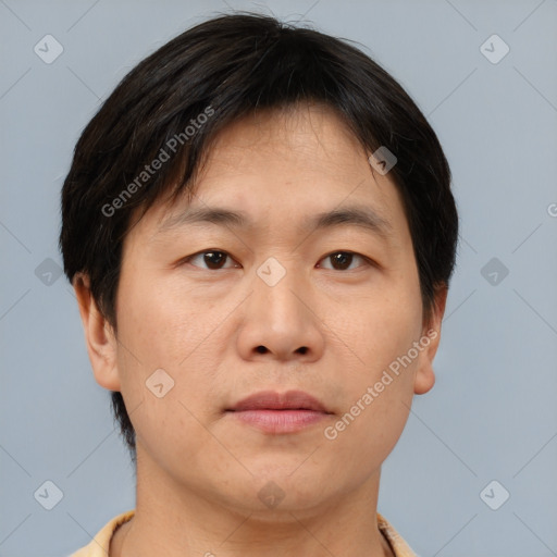 Neutral asian young-adult male with short  brown hair and brown eyes