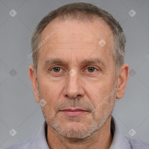 Neutral white middle-aged male with short  brown hair and brown eyes