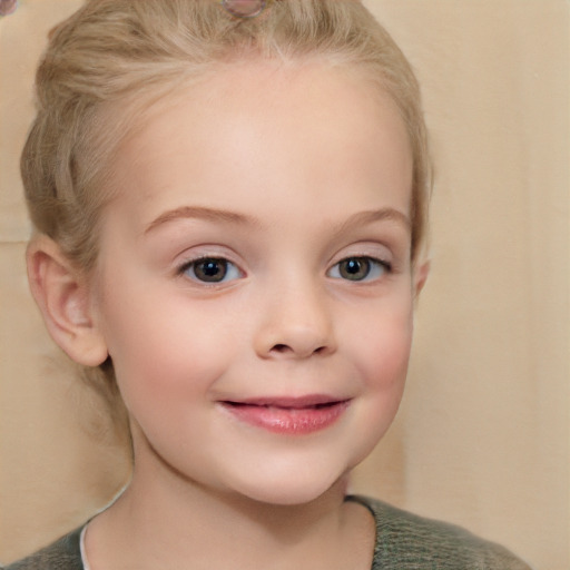 Joyful white child female with medium  brown hair and grey eyes