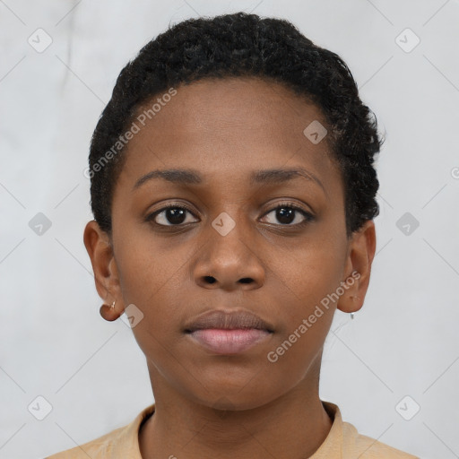 Neutral black young-adult female with short  brown hair and brown eyes