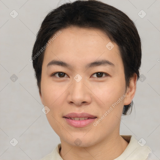 Joyful white young-adult female with short  brown hair and brown eyes