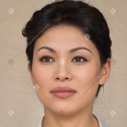 Joyful asian young-adult female with short  brown hair and brown eyes