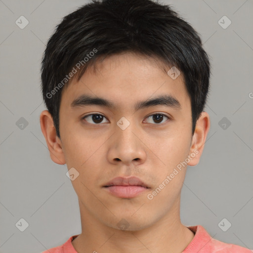 Neutral asian young-adult male with short  brown hair and brown eyes