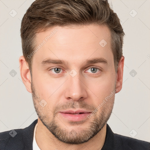 Neutral white young-adult male with short  brown hair and grey eyes