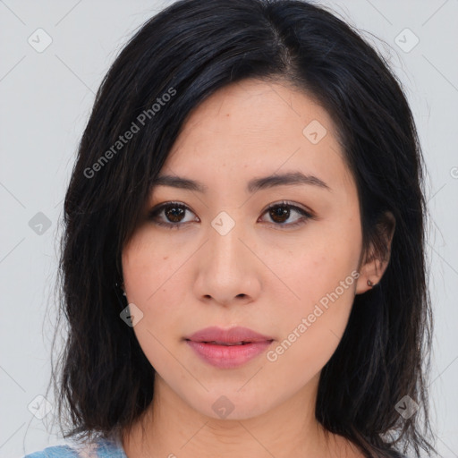 Neutral asian young-adult female with medium  brown hair and brown eyes