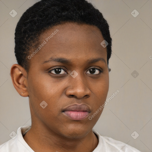 Neutral black young-adult female with short  brown hair and brown eyes