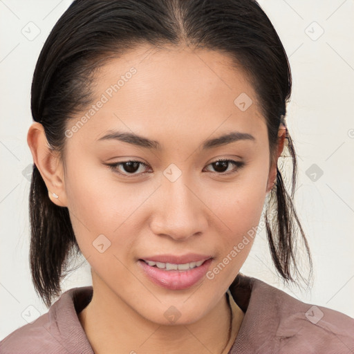 Joyful white young-adult female with medium  brown hair and brown eyes