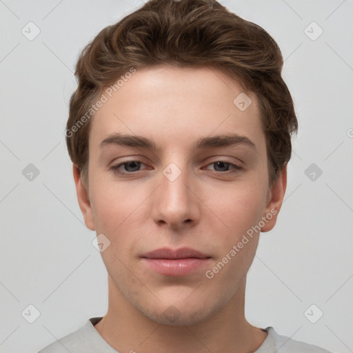 Neutral white young-adult male with short  brown hair and grey eyes