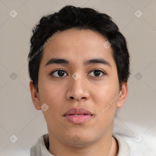 Neutral asian young-adult male with short  black hair and brown eyes