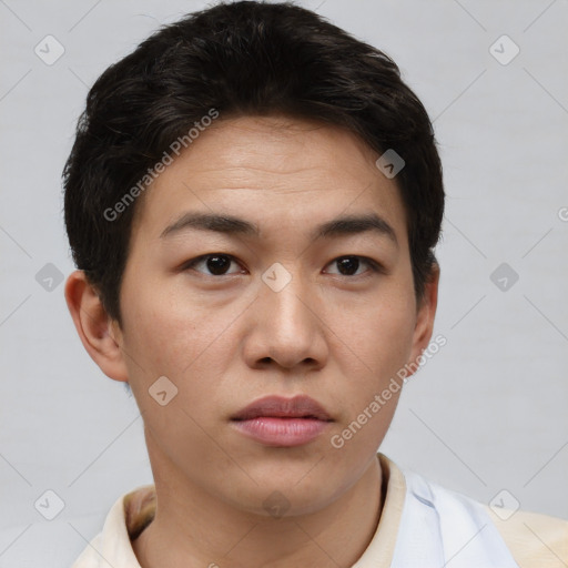 Neutral asian young-adult male with short  brown hair and brown eyes