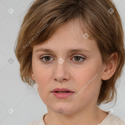 Neutral white young-adult female with medium  brown hair and brown eyes