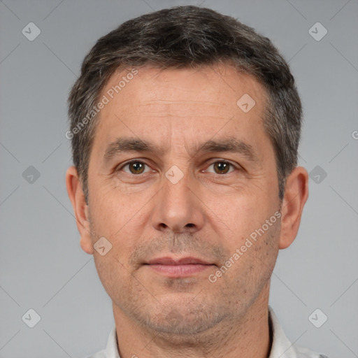 Neutral white adult male with short  brown hair and brown eyes