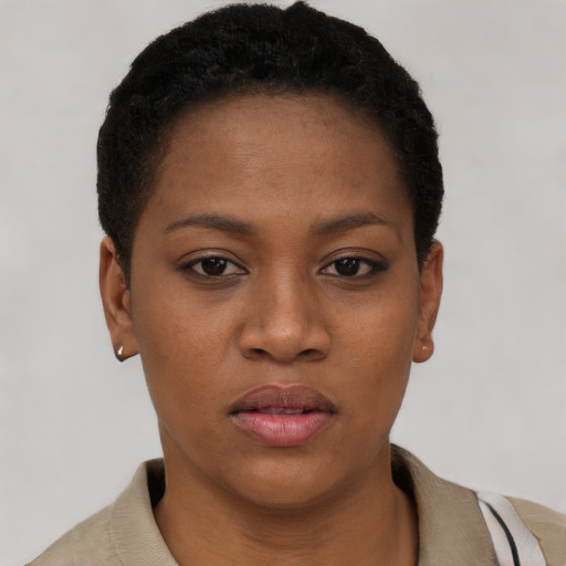 Neutral black young-adult female with short  brown hair and brown eyes