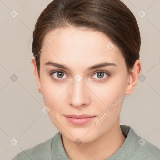 Neutral white young-adult female with short  brown hair and brown eyes