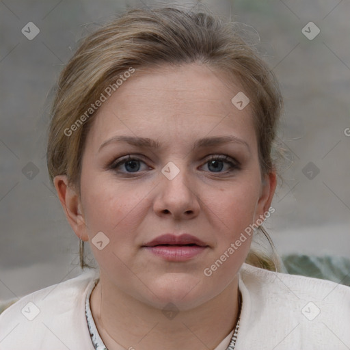 Neutral white young-adult female with medium  brown hair and blue eyes