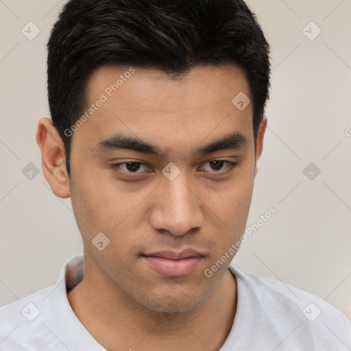 Neutral asian young-adult male with short  brown hair and brown eyes