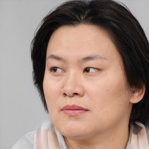 Joyful asian adult female with medium  brown hair and brown eyes