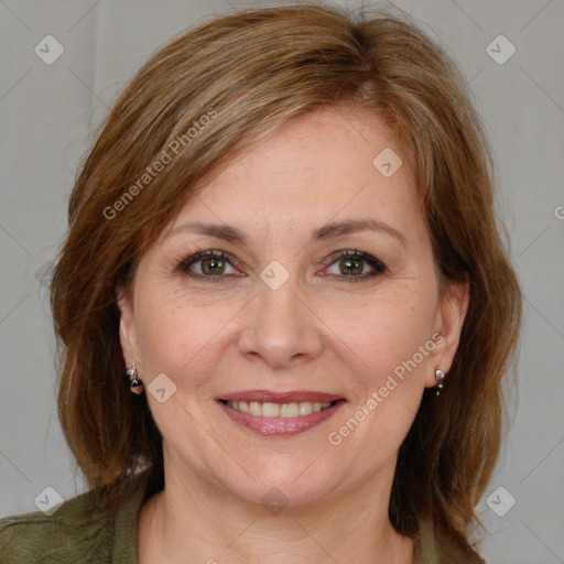 Joyful white young-adult female with medium  brown hair and grey eyes