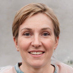 Joyful white adult female with short  brown hair and grey eyes