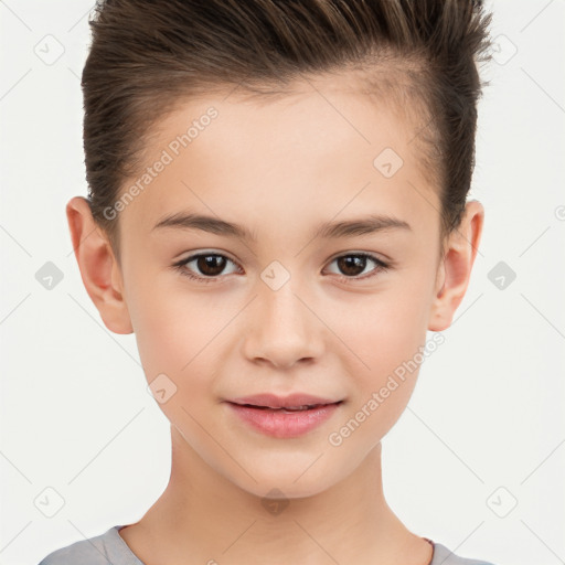 Joyful white child female with short  brown hair and brown eyes