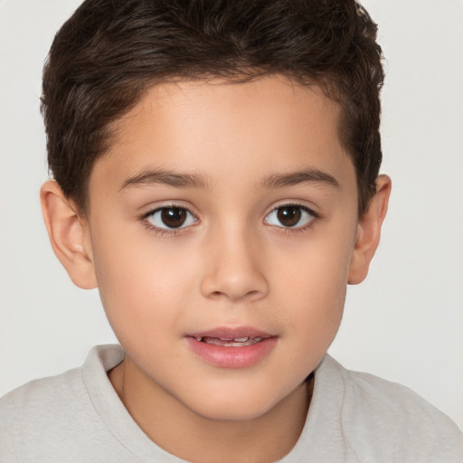 Joyful white child female with short  brown hair and brown eyes