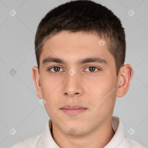 Neutral white young-adult male with short  brown hair and brown eyes