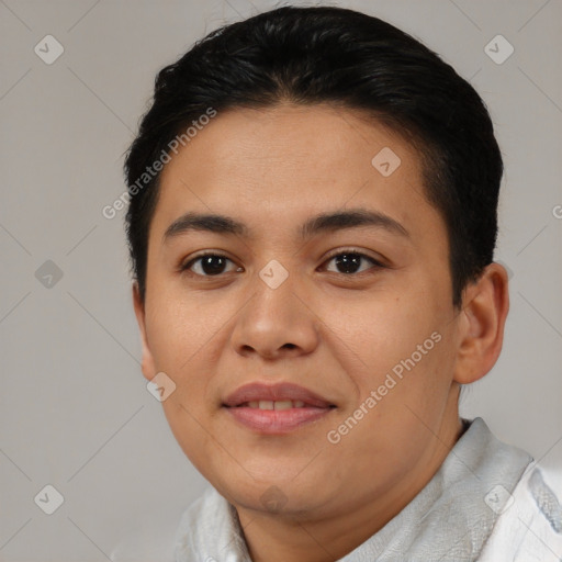 Joyful asian young-adult female with short  brown hair and brown eyes