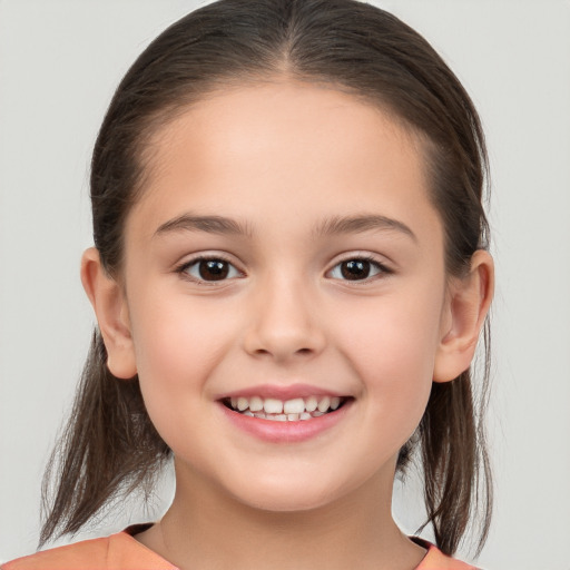 Joyful white child female with medium  brown hair and brown eyes