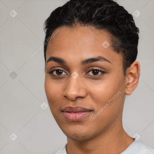 Joyful latino young-adult female with short  black hair and brown eyes