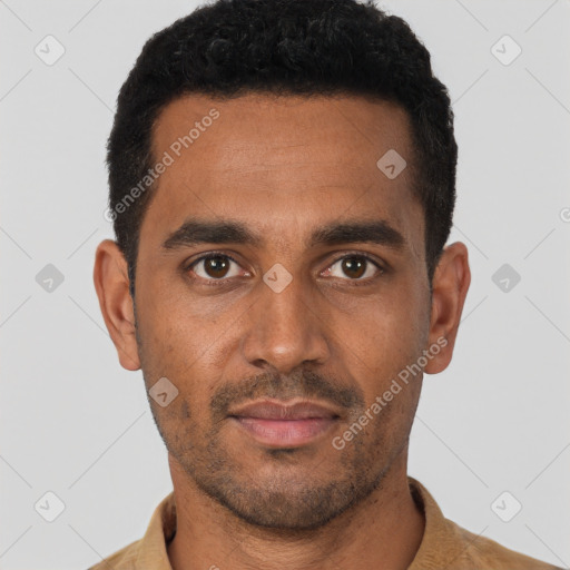 Neutral black young-adult male with short  black hair and brown eyes
