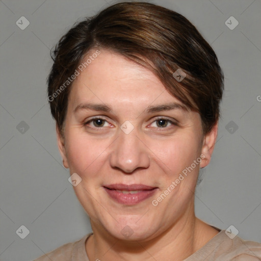 Joyful white adult female with short  brown hair and brown eyes