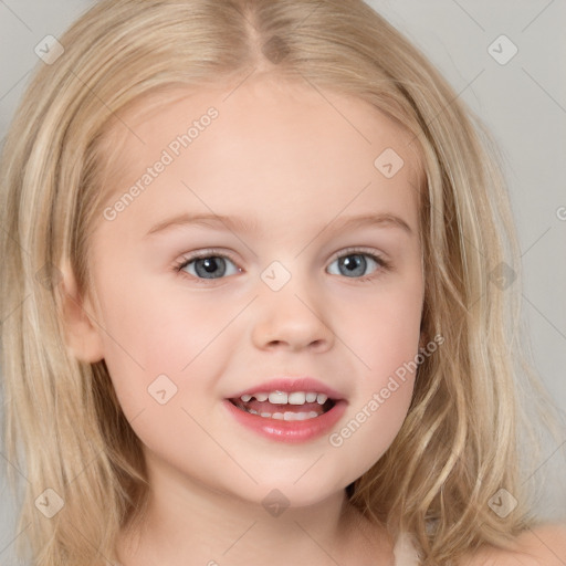 Joyful white child female with medium  brown hair and blue eyes