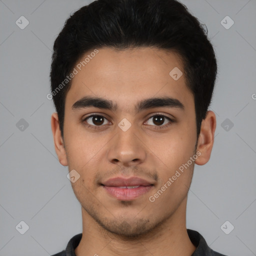 Neutral latino young-adult male with short  black hair and brown eyes