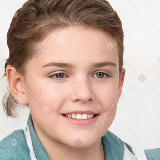 Joyful white child female with short  brown hair and grey eyes