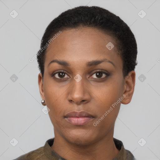 Neutral black young-adult female with short  black hair and brown eyes