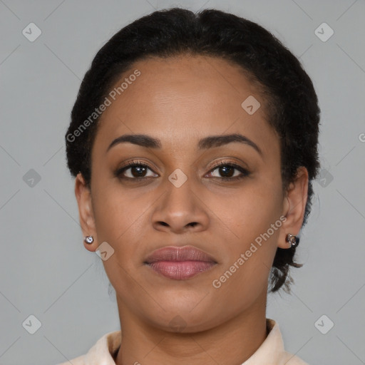 Joyful latino young-adult female with short  brown hair and brown eyes