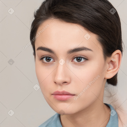 Neutral white young-adult female with medium  brown hair and brown eyes