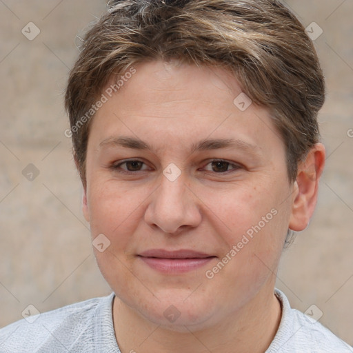 Joyful white adult female with short  brown hair and brown eyes