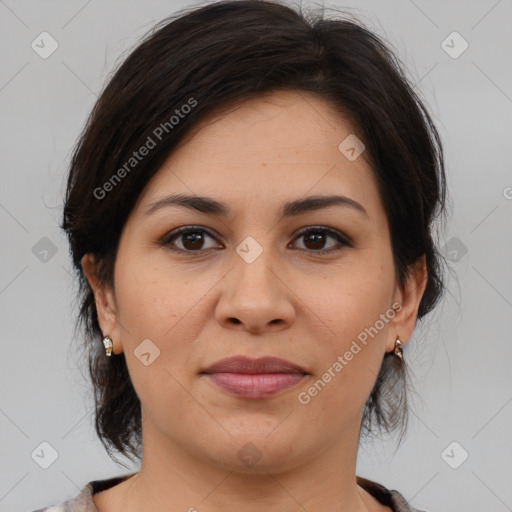 Joyful white young-adult female with medium  brown hair and brown eyes