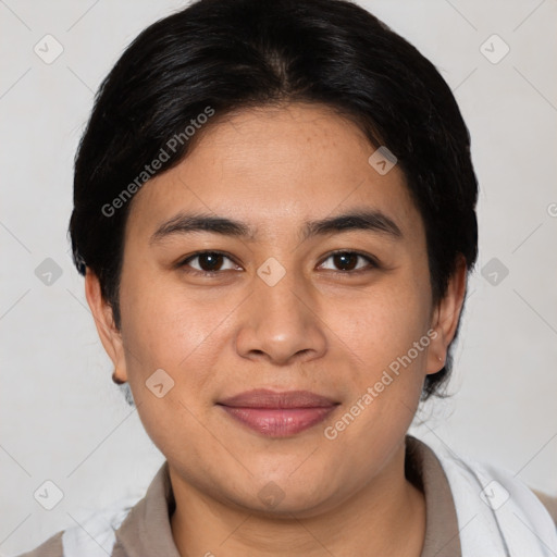 Joyful white young-adult female with short  brown hair and brown eyes