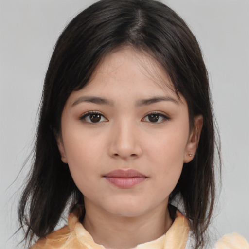 Neutral asian young-adult female with medium  brown hair and brown eyes