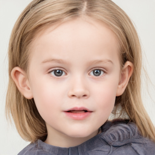 Neutral white child female with medium  brown hair and blue eyes