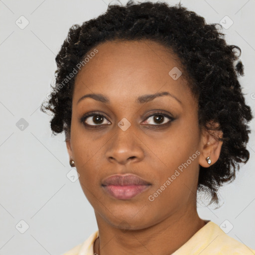 Neutral black young-adult female with short  black hair and brown eyes