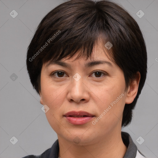 Joyful white adult female with medium  brown hair and brown eyes